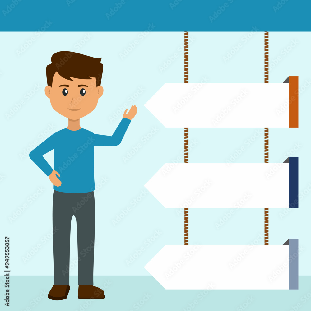 A young person shows an empty infographic, you can fill in the necessary information A young person shows an empty infographic, you can fill in the necessary information