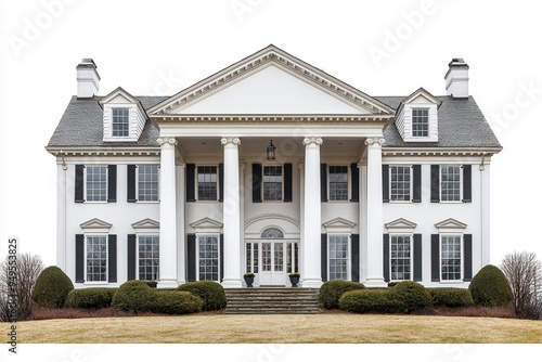 A grand white mansion with columns and large windows, set in a landscaped yard.