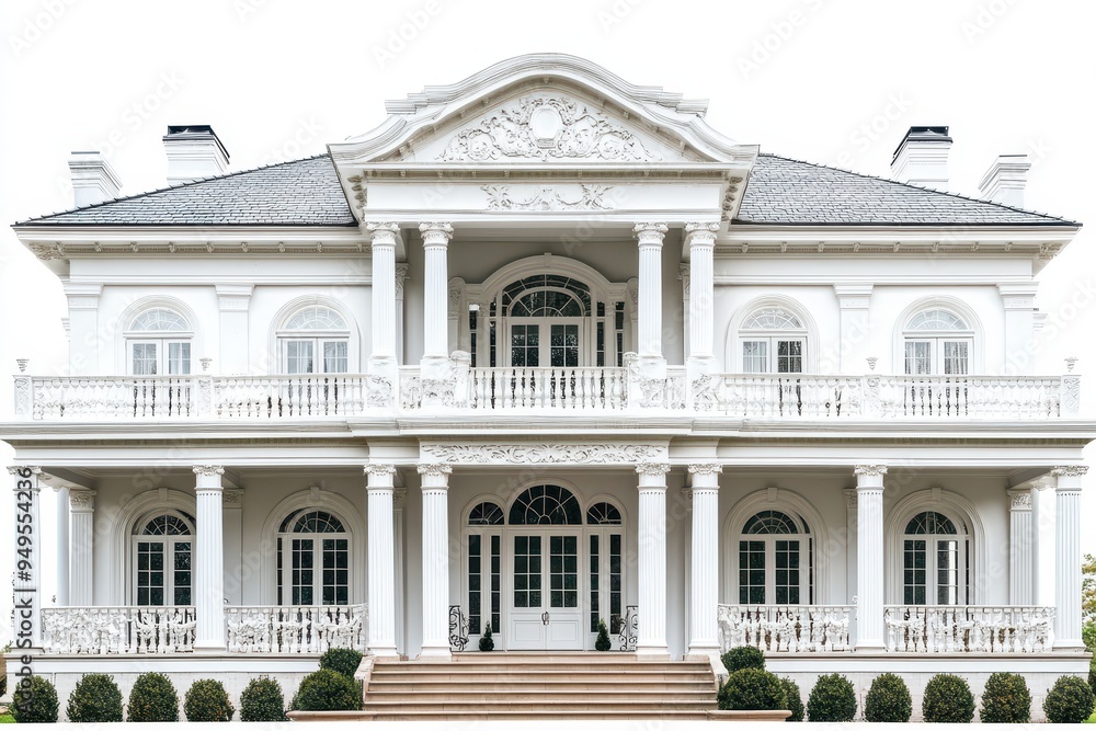 Obraz premium A grand white mansion with intricate architectural details and a spacious front porch.