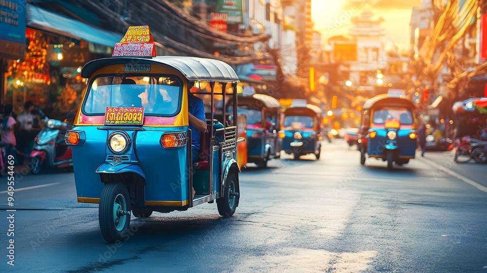 Fototapeta premium Tuk-Tuk Ride: A bustling street scene in Bangkok with colorful tuk-tuks and lively street life. 