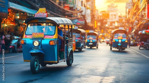 Tuk-Tuk Ride: A bustling street scene in Bangkok with colorful tuk-tuks and lively street life.

