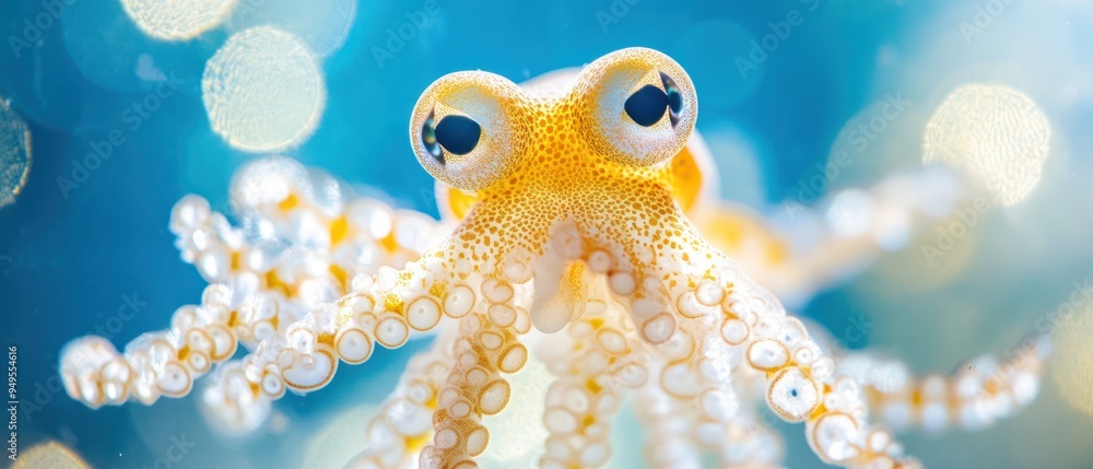 Close-up of an Octopus with Big Eyes and White Tentacles with Golden Spots Close-up of an Octopus with Big Eyes and White Tentacles with Golden Spots