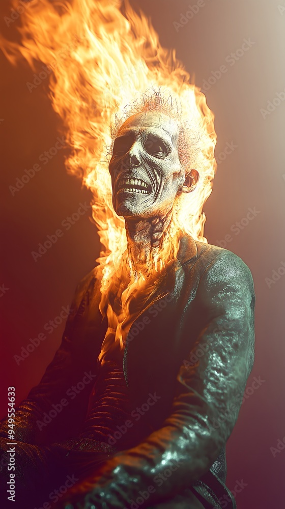 An illustration of a skull and skeleton man in a suit, engulfed in flames. An illustration of a skull and skeleton man in a suit, engulfed in flames.