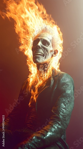 An illustration of a skull and skeleton man in a suit, engulfed in flames.