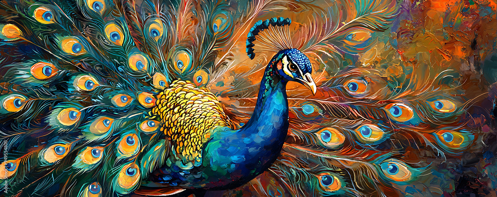 Fototapeta premium Illustration beautiful peacock with feathers out painting.