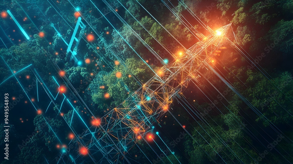 Fototapeta premium Digital Maps Guiding High Voltage Power Pole Installation with IoT Technology for Efficient Infrastructure Development and Modernization in Rural Landscapes