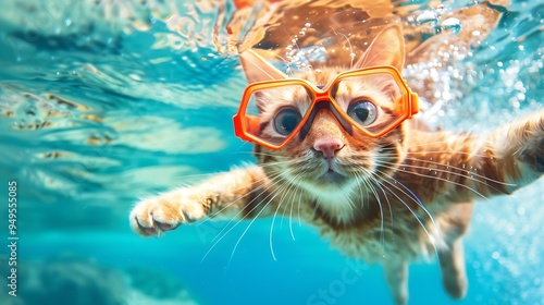 Obraz na płótnie A cat jumps into the water wearing diving goggles w salonie