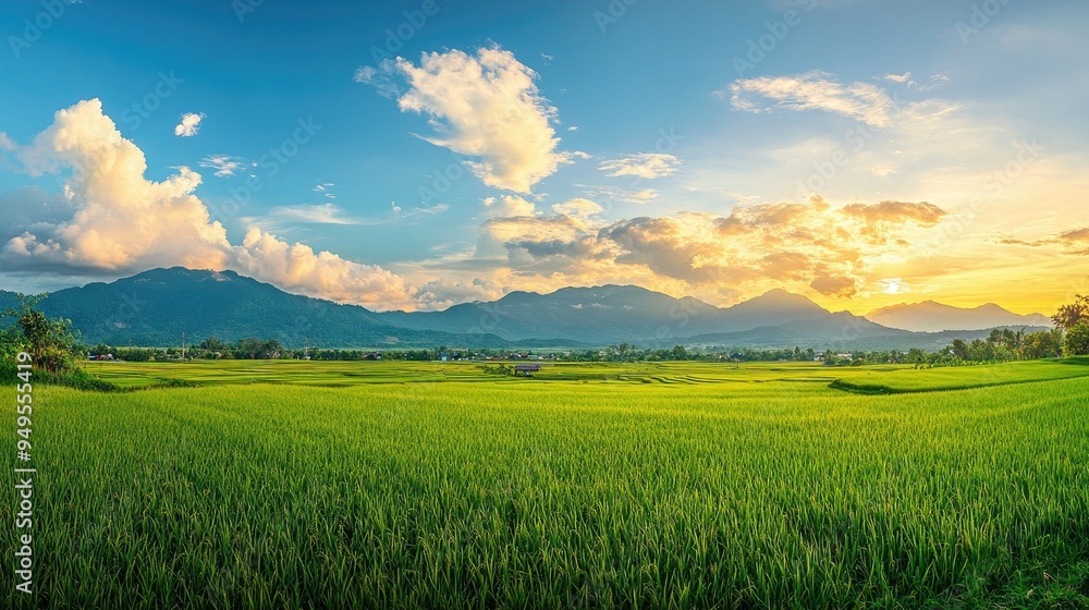Fototapeta premium A panoramic morning shot of green rice fields and distant mountains in Nan province, Thailand, with a soft glow of sunrise and a few clouds scattered in the sky