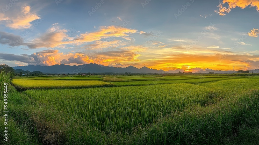 Obraz premium A panoramic morning shot of green rice fields and distant mountains in Nan province, Thailand, with a soft glow of sunrise and a few clouds scattered in the sky