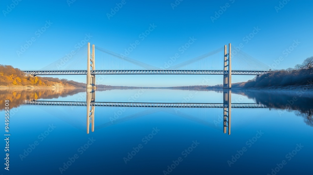 Stunning suspension bridge over calm blue water, clear sky Stunning suspension bridge over calm blue water, clear sky