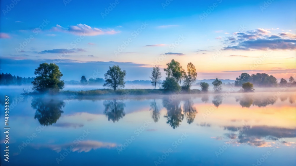 Soft light blue morning sky with thin mist, captured from a slight elevation, conveying serenity and peacefulness, a realistic photo image. Soft light blue morning sky with thin mist, captured from a slight elevation, conveying serenity and peacefulness, a realistic photo image.