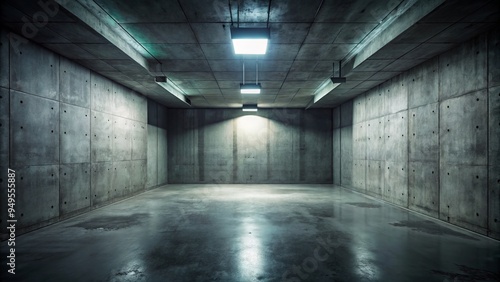 moody atmospheric dimly lit concrete bunker room with single flickering fluorescent light casting eerie shadows on desolate walls and cold gray floor