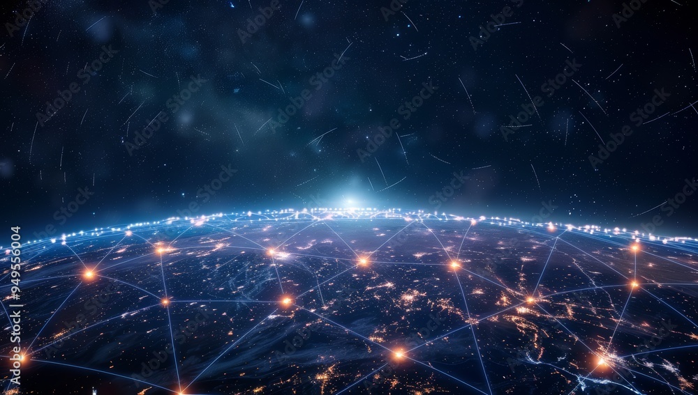 Obraz premium A network of glowing lines connects major cities across the Earth at night.