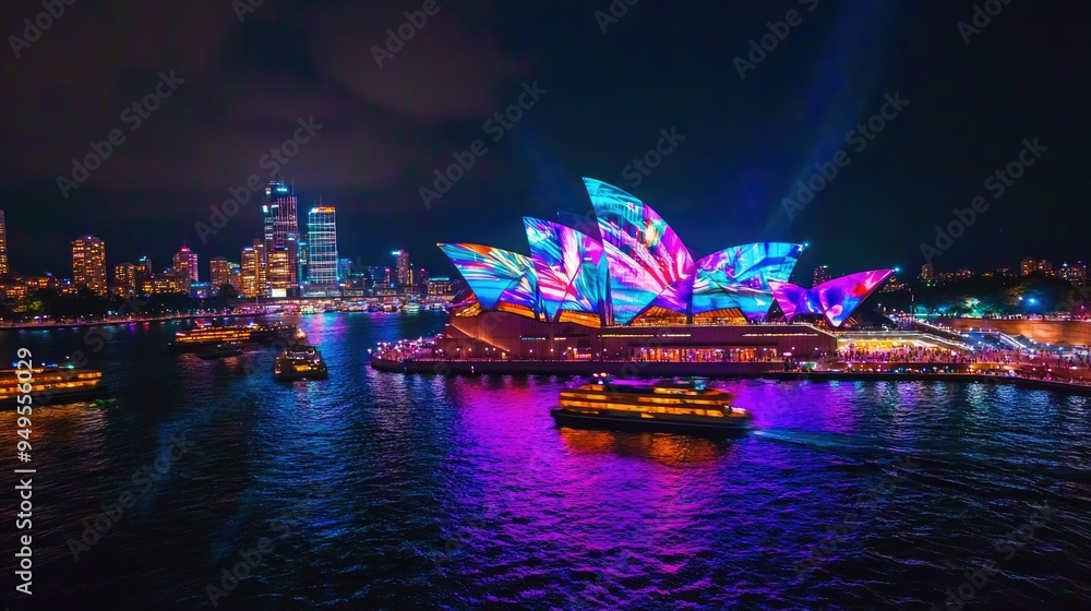 Naklejka premium A panoramic view of Sydney Harbour illuminated by vibrant light projections during Vivid Sydney. The Sydney Opera House glows with colorful digital art displays