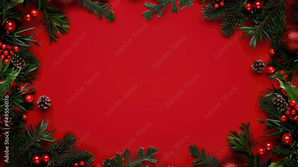 A red background with a Christmas tree and berries A red background with a Christmas tree and berries