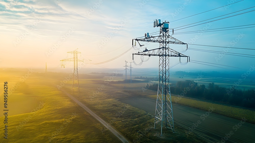 © Heng Heng - AI Stock - Aerial view of a drone equipped with IoT sensors and advanced technology inspecting and monitoring the installation of high voltage power poles and the electric grid infrastructure