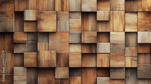 Geometric Wooden Mosaic, Detailed Square Blocks Pattern, Rustic Wood Texture Background
