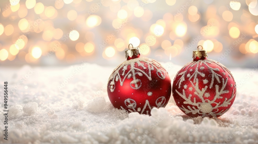 Two red Christmas ornaments are sitting on a snowy surface Two red Christmas ornaments are sitting on a snowy surface