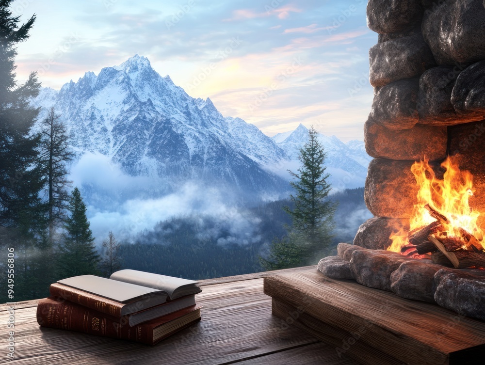 A cozy interior of a mountain cabin, with a fireplace, books, and a view of the mountains