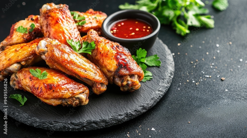 A plate of golden roasted chicken wings on a black stone background, garnished with fresh herbs and a side of dipping sauce. Perfect for a delicious food concept A plate of golden roasted chicken wings on a black stone background, garnished with fresh herbs and a side of dipping sauce. Perfect for a delicious food concept