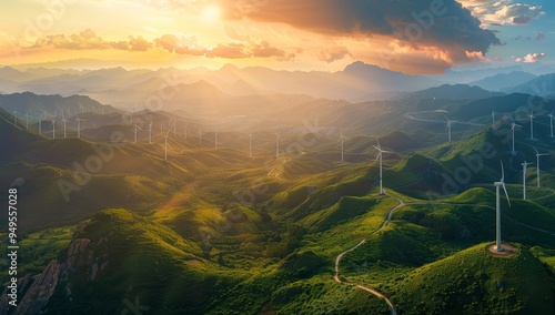 Wind Turbines on Rolling Hills at Sunset photo