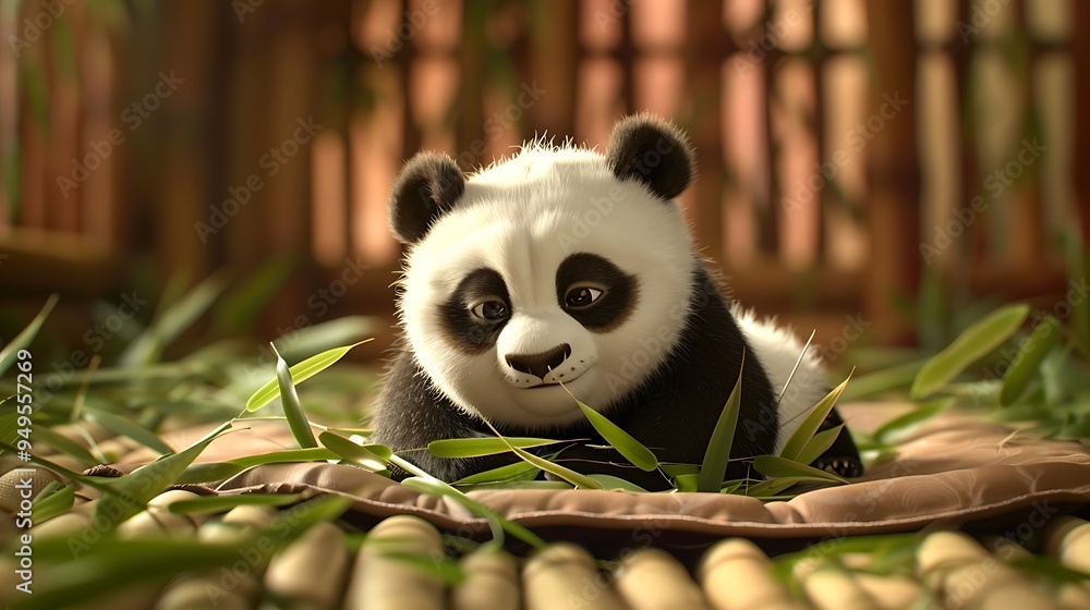 A cute little panda rests on an area rug made of bamboo leaf A cute little panda rests on an area rug made of bamboo leaf