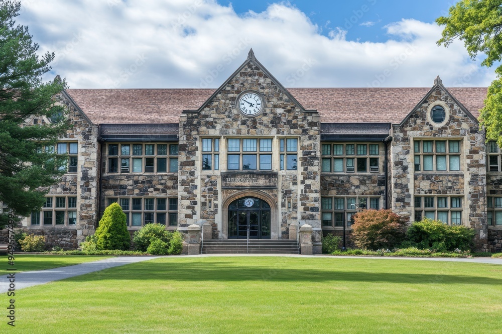 A historic stone building featuring a clock and landscaped lawn. A historic stone building featuring a clock and landscaped lawn.