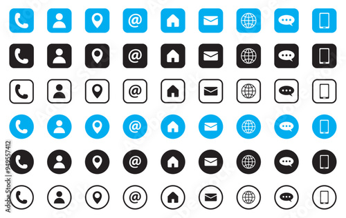 Collection of connect icon set. Contact us icon set phone email location chay website. Social media contact vector outlined icon set.