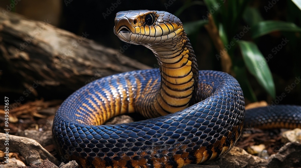 Fototapeta premium Close Up of a Black Snake with Yellow Stripes