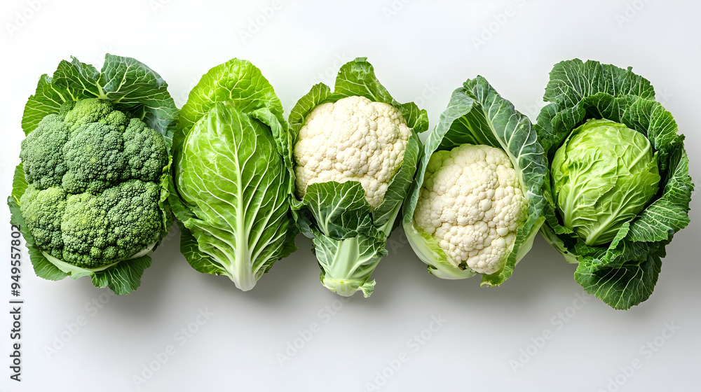 Fototapeta premium Fresh Broccoli Cauliflower and Cabbage on White Background