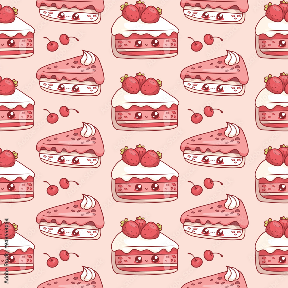 Seamless pattern with cute slice of birthday cake with strawberries on pink background with cherries. Funny holiday kawaii cartoon character. Vector illustration. Kids collection Seamless pattern with cute slice of birthday cake with strawberries on pink background with cherries. Funny holiday kawaii cartoon character. Vector illustration. Kids collection
