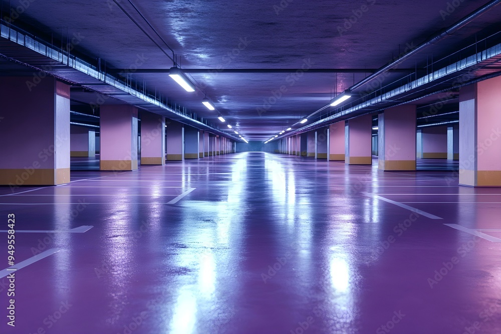Concrete floor in a vast parking garage with light violet and navy Concrete floor in a vast parking garage with light violet and navy