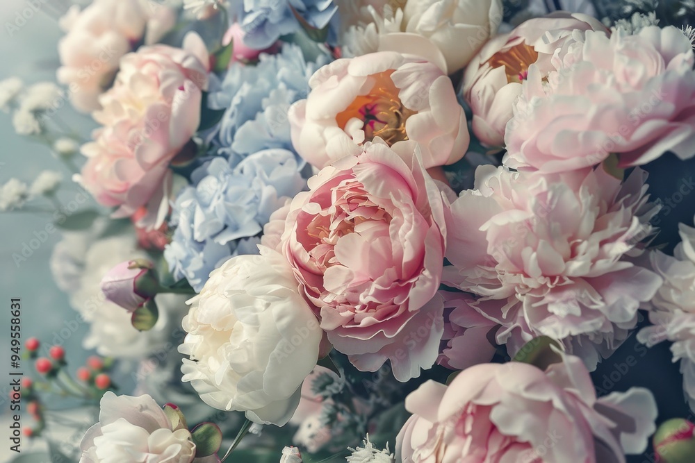 A bunch of soft pastel peonies arranged in a vase, creating a beautiful floral display, Soft, pastel shades of peonies clustered together in a romantic arrangement A bunch of soft pastel peonies arranged in a vase, creating a beautiful floral display, Soft, pastel shades of peonies clustered together in a romantic arrangement