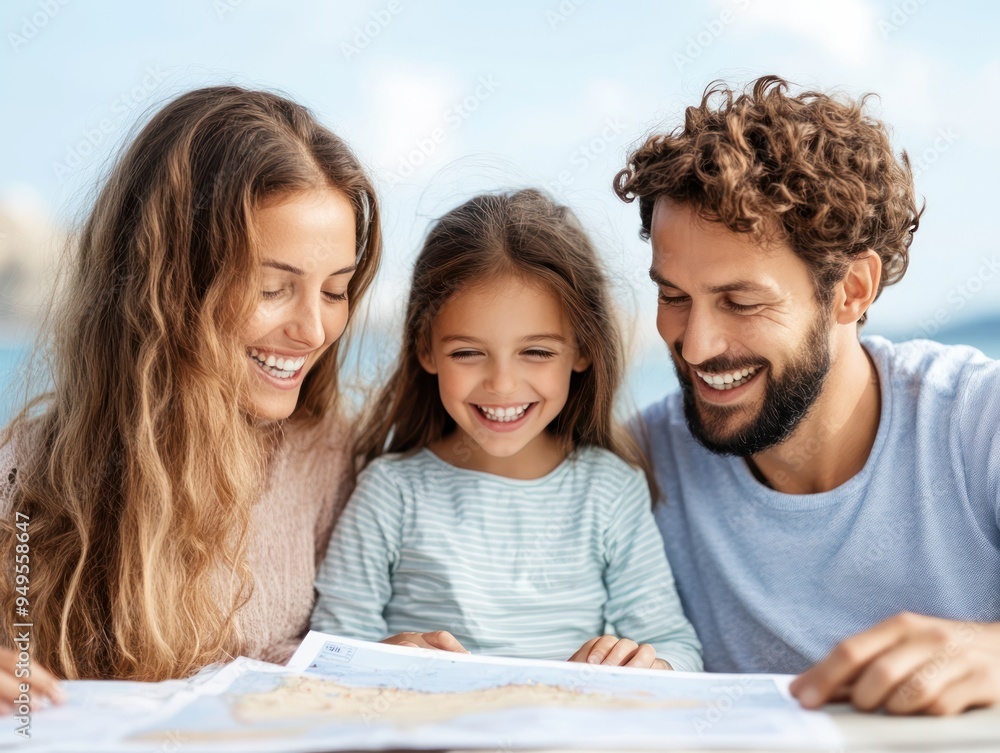 A family looking over a cruise itinerary, with maps and ship brochures on the table