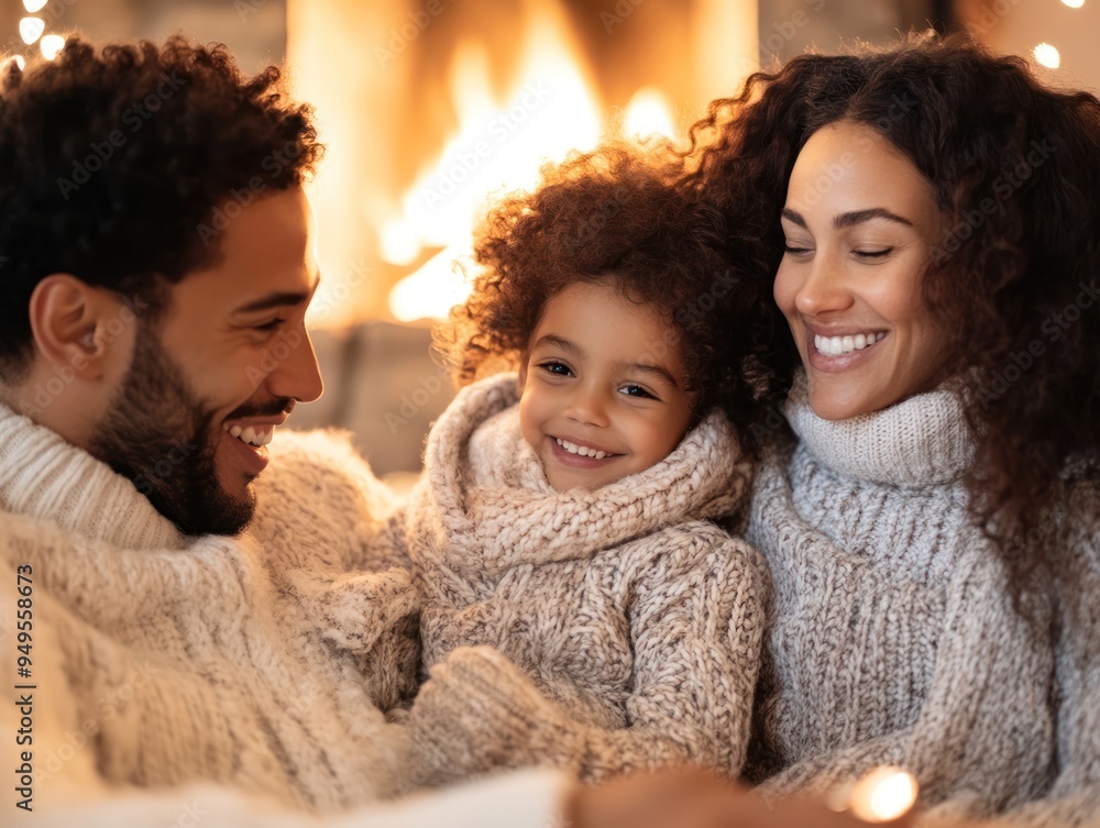 A family planning a ski holiday in a cozy living room with a crackling fireplace