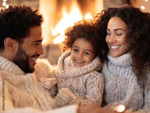 Obraz na płótnie A family planning a ski holiday in a cozy living room with a crackling fireplace w salonie