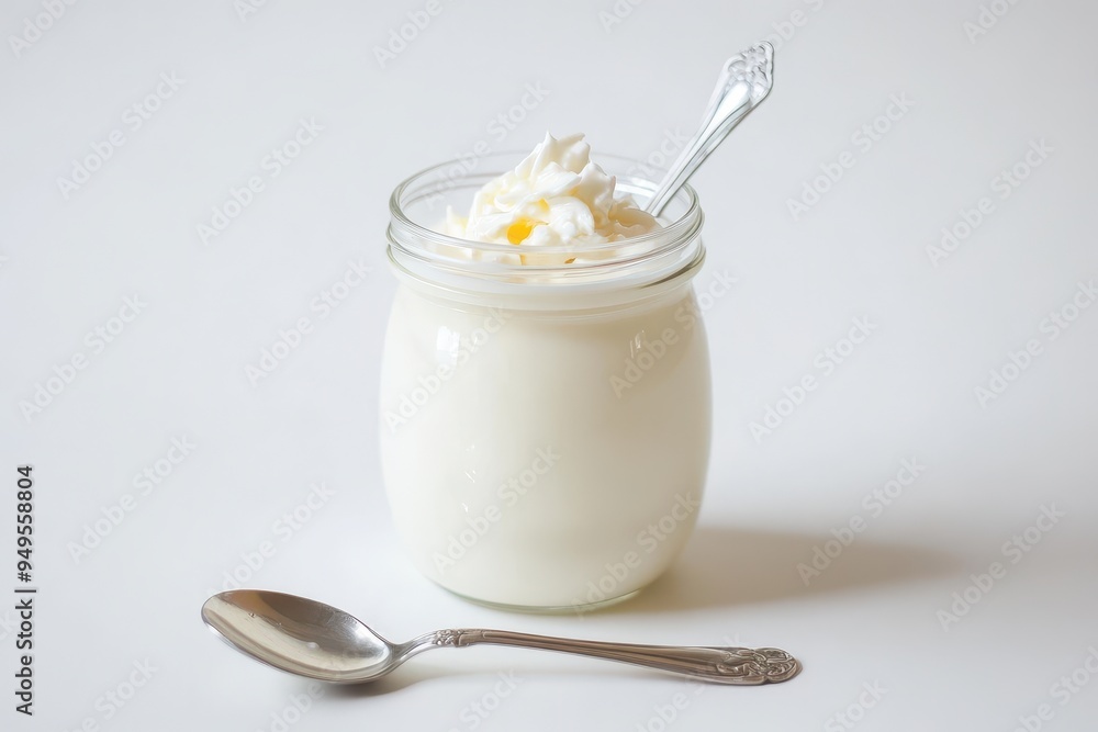 A jar of creamy dessert topped with whipped cream and a spoon beside it. A jar of creamy dessert topped with whipped cream and a spoon beside it.