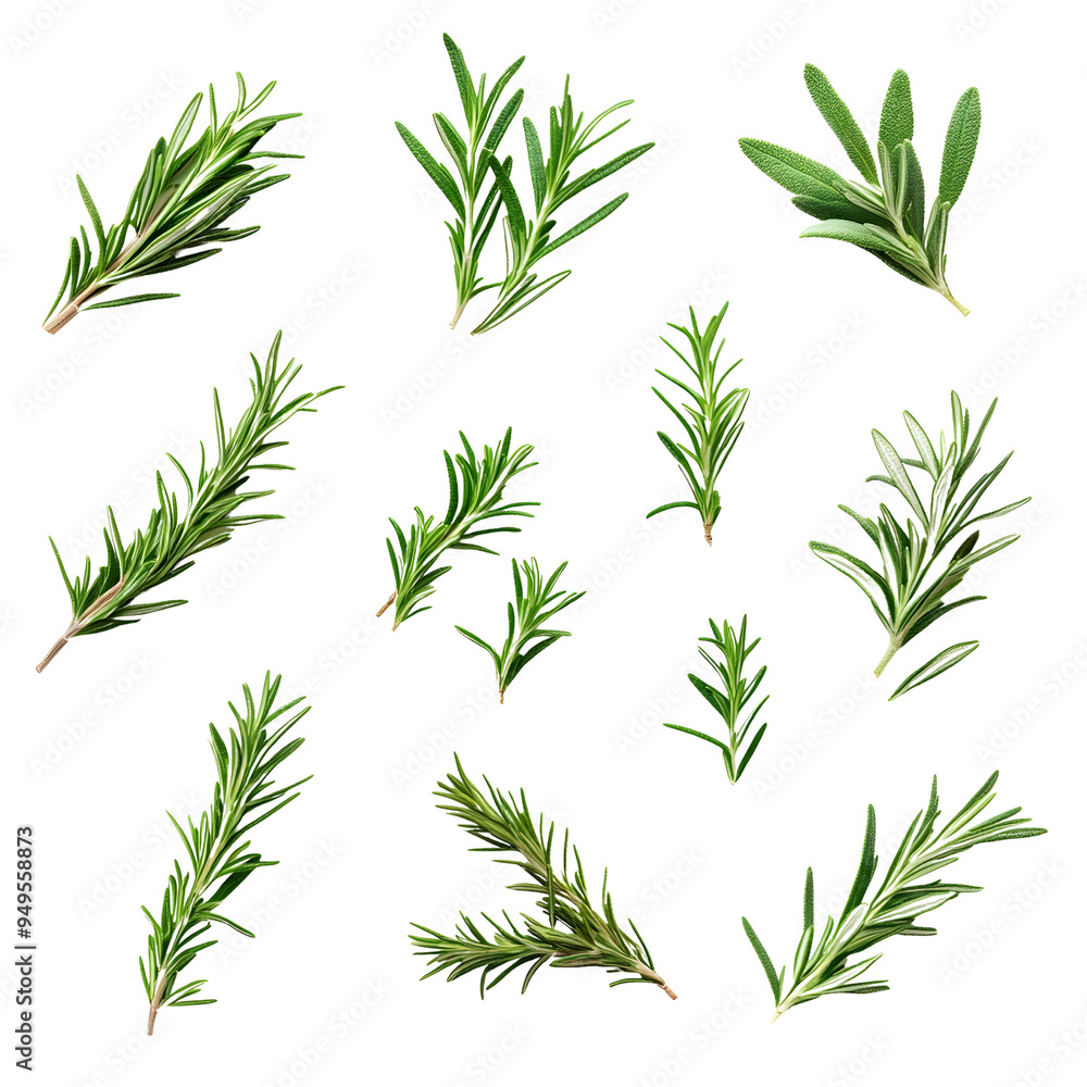 Fototapeta premium A collection of rosemary twigs and green leaves, perfect for garnishing and adding aromatic flavor to food..