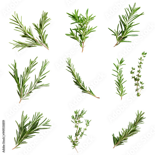 A collection of rosemary twigs and green leaves, perfect for garnishing and adding aromatic flavor to food..