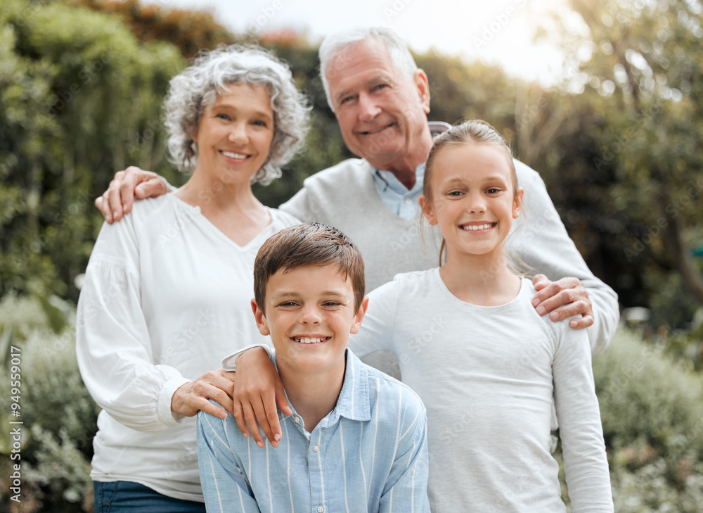 Fototapeta premium Grandparents, portrait and garden hug with children, outdoor love and bonding together in Scotland. Old people, countryside and embrace kids for security in relationship, weekend visit and holiday