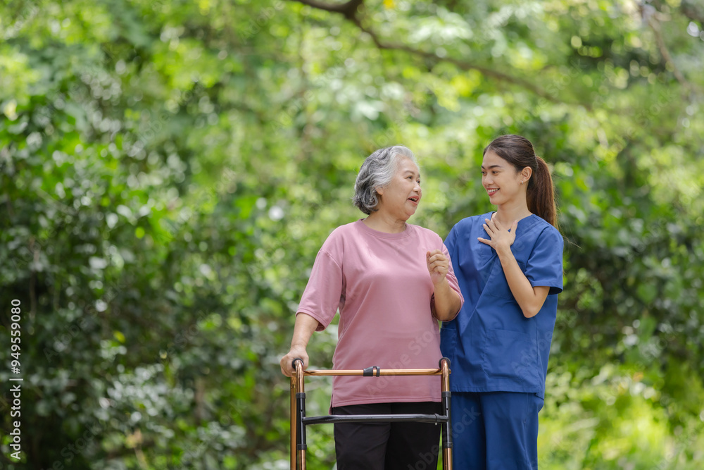 Senior woman with walker enjoys heartwarming conversation with caring nurse in lush green park. Senior woman with walker enjoys heartwarming conversation with caring nurse in lush green park.