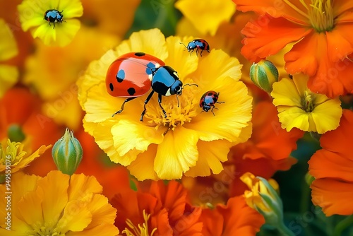 marigolds and nasturtiums flowers fields with ladybugs