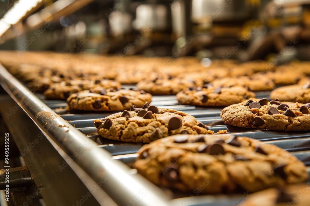 Close-up of Chocolate Chip Cookies on a Conveyor Belt in a Bakery Close-up of Chocolate Chip Cookies on a Conveyor Belt in a Bakery