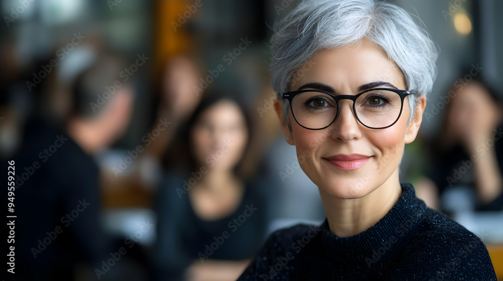 Portrait of a confident mature woman with short gray hair and glasses Portrait of a confident mature woman with short gray hair and glasses