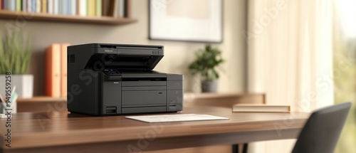 Black All-in-One Printer on Wooden Desk in Home Office