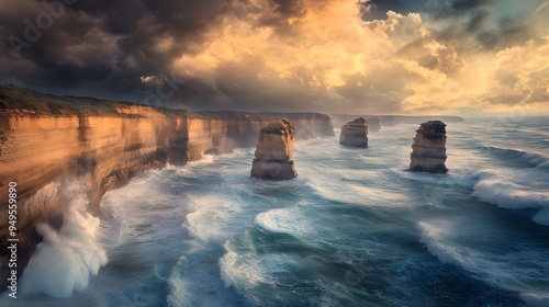 Twelve Apostles: The dramatic limestone stacks of the Twelve Apostles along the Great Ocean Road, with waves crashing below. 