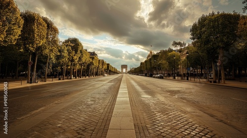 Empty cobblestone street leading to an archway under a cloudy sky. photo