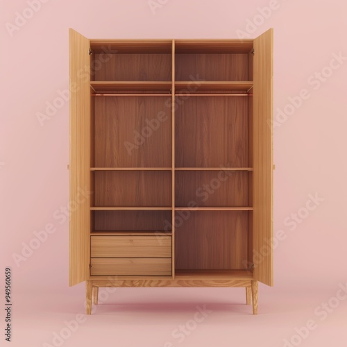 Empty wooden wardrobe with open doors on a pink background.