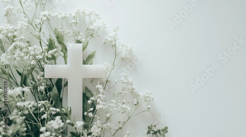 white cross with flowers on the wall