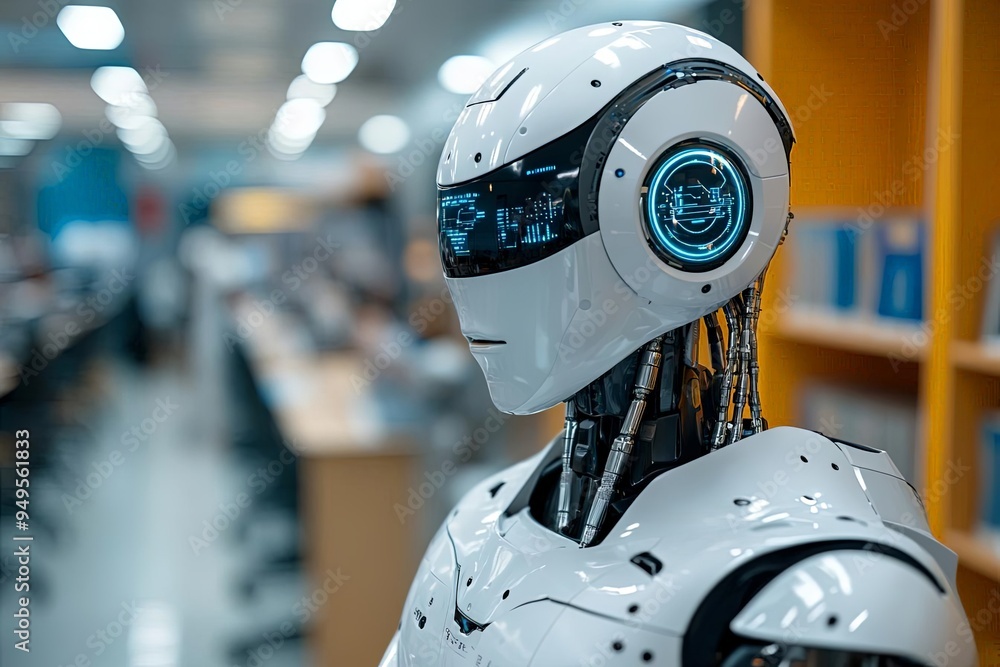 Hightech learning environment with robots assisting in teaching, education, futuristic curriculum Hightech learning environment with robots assisting in teaching, education, futuristic curriculum